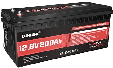 Dumfume 12V 200Ah LiFePO4 Lithium Batterie, 2560Wh Kapazität mit 200A BMS 15000+ Zyklen, 10 Jahre Lebensdauer für Wohnmobile, Solaranlagen, Bootsmotoren & Netzunabhängige Anwendungen