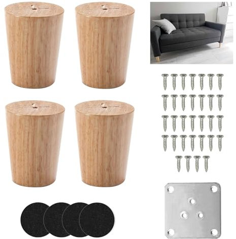 4 Stück Möbelfüße Holz Eiche, 6cm Rund Holzfüße für Möbel, Möbelbeine Holz mit Nicht-silp Pads, Montageplatten und Schrauben, Massivholz Holzbeine für Möbel für Sofa, Kommode, Schrank, Couchtisch