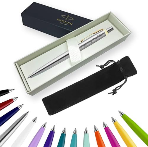 Parker Jotter Stylos à bille et fournitures de papeterie Idéal pour Noël et cadeaux peuvent être gravés (avec gravure, acier inoxydable avec bordure dorée, boîte cadeau ruban)