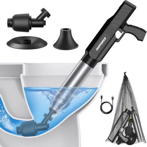AMPFORCE Sturalavandini Elettrico ad Aria Compressa, Stura Scarichi Professionale 1-8 BAR, Pompa a Pressione per WC, Lavandino, Doccia e Tubature, con Testa Antischiasso 120° - Nero Inchiostro