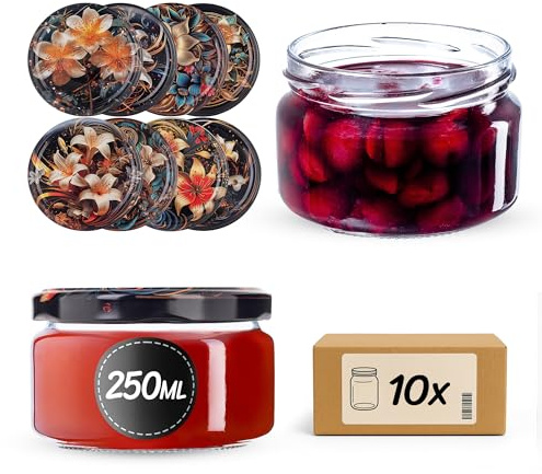 KADAX 10er Set Marmeladengläser 250ml TO82 Lilien, Einmachgläser Vorratsgläser Mason Jar mit Schraubdeckel, Luftdichte Schraubgläser, Honig & Konfitüre