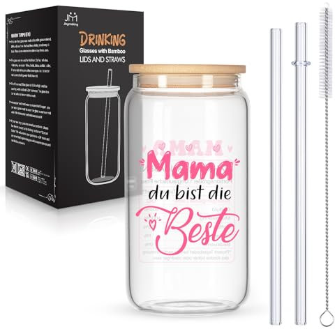 Joymaking Trinkgläser mit Deckel und Strohhalmen für Eiskaffee Cocktails Fruchtlikör Eistee 17oz, Longdrinkgläser Geschenk für Mama, Muttertagsgeschenk, Beste Mama Geschenk