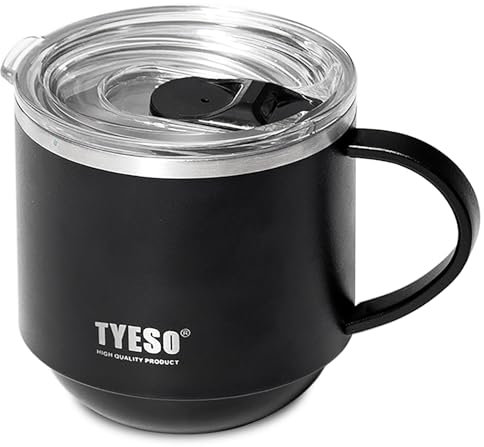 Klaraber Insulated Coffee Mug, Thermal Mug with Handle, Insulated Camping Mug with Lid, Double Walled Stainless Steel Beer Mug, Spill Proof, Reusable, 330ml /11 oz (Black)