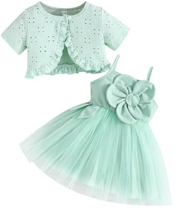 LUVCES Ensemble Bébé Fille Tutu Robe et Cardigan Sets 2 Pièces Elégante sans Manches Nœud Papillon Tulle Robe et Cardigan été Automne Vêtements Tenues Manches Courtes Vert 12-18 Mois
