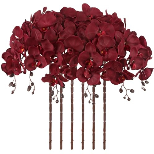 ICBOX 41.3in Orchids Artificial Flowers Faux Orchid 6PCS Velvet Silk Orchids that Look Real Long Stem Artificial Flowers for Tall Vase for Home Wedding Party Fall Décor (Burgundy)