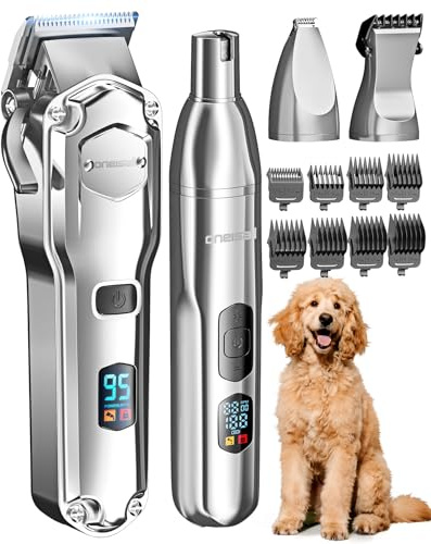 oneisall Dog Clippers for Grooming Thick Hair Coats, Low Noise Dog Grooming Kit Waterproof, 3 Speeds Cordless Pet Nail Grinder, Stainless Steel Dogs Paw Trimmer with Ceramic Blade for Pet