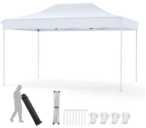 COSTWAY Tonnelle de Jardin Instantanée 300 x 445 CM, Tente de Jardin avec Trous de Drainage Sac à roulettes 4 Cordes 8 Piquets, Abri Ajustable pour Marché Patio Camping Mariage (Blanc)