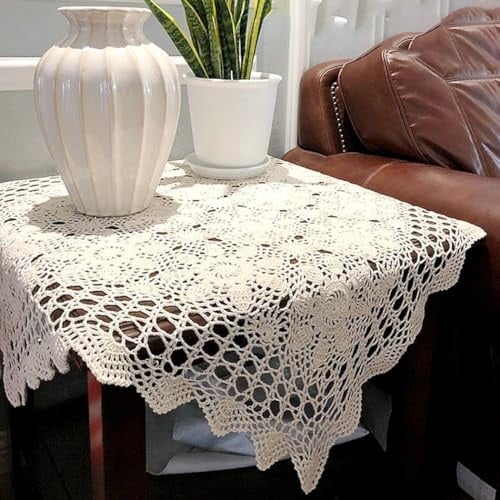 Napperon carré vintage en coton avec dentelle au crochet et nappe, nappe rectangulaire en dentelle avec motifs floraux élégants, pour décoration (60 x 60 cm, beige)