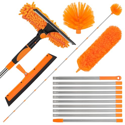 Sgizoku Spolverino estensibile con manico telescopico regolabile fino a 420 cm e testina in microfibra, adatto per pulire superfici fino a 6 metri di altezza, ragnatele, ventilatori a soffitto e tende