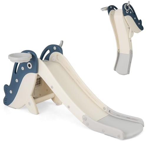COSTWAY 4 en 1 Toboggan Enfant Pliable en HDPE avec Panier de Basket & Jeu de Lancer d'Anneaux, Aire de Jeux Intérieure en Forme Baleine avec Échelle, Charge 70kg pour Garçons et Filles de 3 Ans+