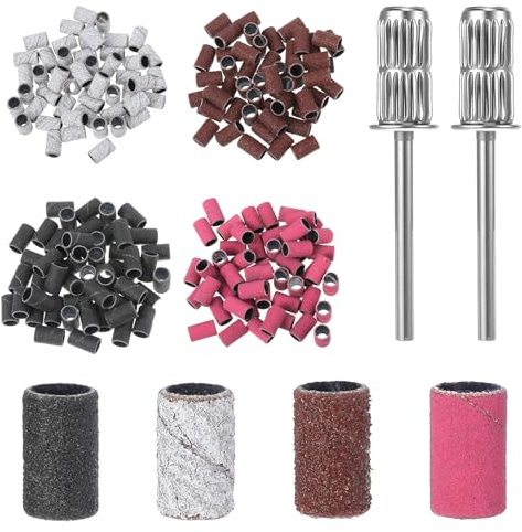 200 Pcs Nail Sanding Bands for Nail Drill, 80/120/180/240 Grit Sanding Bands with 2 Silver Shafts, Mini Sandings Band for Nails Tech, Small Sandings Band Nails Drill Bit for Acrylic Gel Manicures