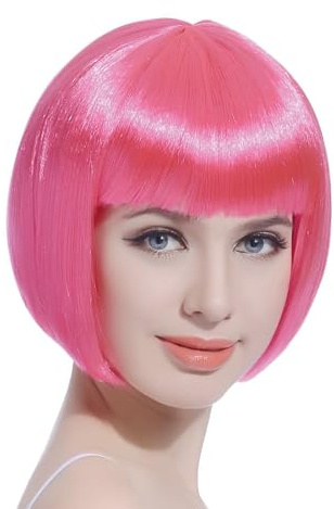 Perücke Rosa, Kurze Bob Perücke Damen, Pink Wig, Bunte Neon-Bob-Perücke, Perücken Haarteile Cosplay für Karneval/Fasching & Motto Party Dekorationen