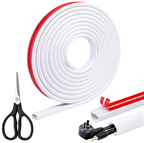 Cable Trunking Self Adhesive, D-Shape PVC Wire Cover, 4m Wall Hider Conduit | 15x10mm Channel, Stick-On Floor Protector, Flexible Wall Wire Hiders for TV, Floor, Desk, Home Office, with Scissors