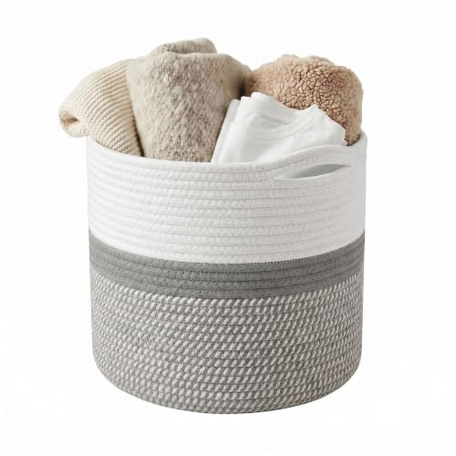 Woven Cotton Rope Laundry Basket, 21L Round Blanket Basket with Handle, Dirty Clothes Basket, Toy Storage, Decorative Plant Pots Indoor, Plant Baskets Indoors for Home Office 30x30cm (White, Grey)