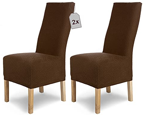 SCHEFFLER-Home Stuhlhussen Stretch Luna-Lang/Stuhlüberzug 2er Set Braun/elastische Flanell Stuhlabdeckungen/Stuhlhussen Schwingstühle/Spann-Bezug Stuhl Überwurf als eleganter Schonbezug