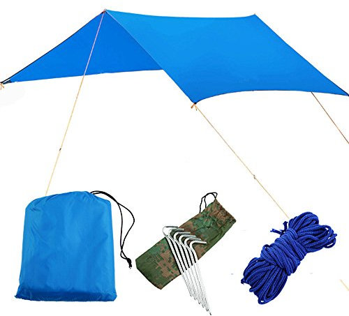 KOSSJAA camping tarp with poles Rain Fly Tent Tarp 3m x 3m lightweight Camping Shelter Hiking tent Tarpaulin (Blue, 300 cm x 300cm(118 x 118 inch))