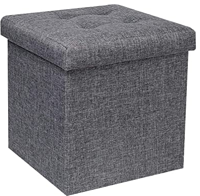 Bonlife Grey Folding Linen Fabric Ottoman Storage Boxes with Lids,Cube Small Footstool Seat Reat Toy Box Storage Chest for Living Room 32x32x32cm