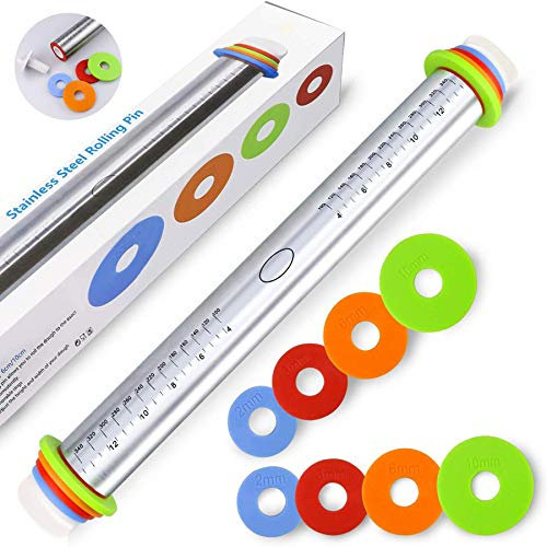 FUKTSYSM Rolling Pin - Cookie Rolling Pin Stainless Steel Rolling Pin 17 in Adjustable Rolling Pins for Baking Cookie Chapati Fondant Dough Pastry Pizza Pie Crust