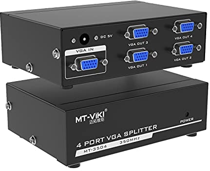 MT-VIKI 1x4 VGA Splitter 1 in 4 out, Mirror 1 VGA Video & Audio on Multiple HD Monitors Support Wide Screen 1920 x 1440 1080P 350MHz (1 PC to 4 Monitors)