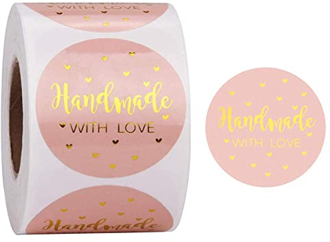 Cyleibe 500 Stück/Rolle Handmade with Love Aufkleber, personalisierte handgemachte Etiketten-Aufkleber, rund selbstklebende Aufkleber für Backen, Geschenkdekor-Paket - Rosafarbene Goldfolie 2.5cm