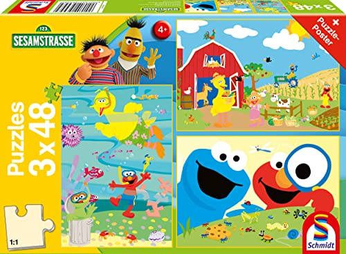 Schmidt Spiele 56458 Sesamstraße, Tierisch stark, 3x48 Teile Kinderpuzzle, Normal