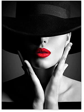 Duanjunwei Leinwand Malerei Wandbild Poster Rote Lippen Frau Poster Schönheit mit Hut Mode Mädchen Bilder drucken Wandkunst Wohnkultur 60x90cm