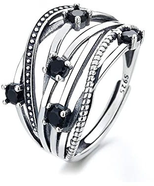 Lllunimon 925 Sterling Silber Unregelmäßiger Wrap Open Ring Trend schwarzer Zirkon offener Ring charmanter Schmuckgeschenke für Silberliebhaber,A