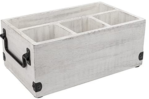 GoCraft 4 Compartment Flatware Caddy, Cutlery Holder, Silverware Condiment Organizer with Napkin Holder for Kitchen, Dining, Picnics, White Washed Mango Wood Caddy with Metal Handles