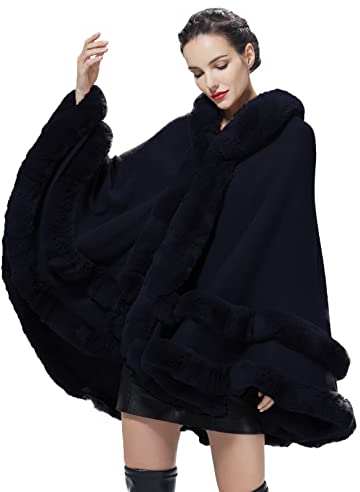 BEAUTELICATE Kunstpelz Umhang Poncho Damen Stola Braut Cape Mit Kapuze Für Winter Hochzeit Abend Party Schwarz Khaki Beige Rosa S113 (Marineblau, Einheitsgröße)