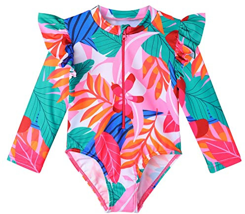 XFGIRLS Girls UV Resistant Long Sleeve Swimsuit 0 Months to 6 Years, 397 foliage, 2-3 Years