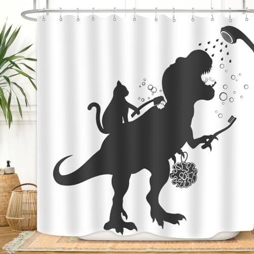 ZXMBF Katze Dinosaurier Duschvorhang Lustiger Cartoon Katze Dino Baden für Kinder Jungen Trex Silhouette Schatten Schwarz Weiß Design Kunstwerk Badezimmer Dekor Wasserdichter Stoff 183 x 183 cm mit