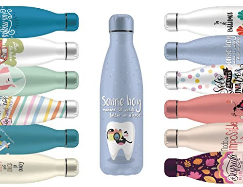 Mi Ko Mi Ka Botella de Agua Térmica de Acero Inoxidable Reutilizable | Sin BPA | Mantiene 24H Frio / 12H Calor | Hermética - Doble Pared a Prueba de Fugas (Sonríe Hoy..., 750ml)