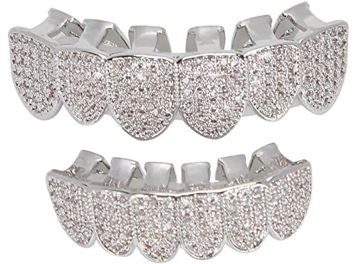 Hip Hop Zähne, Zähne Männer Frauen Iced Out Hip Hop Poker Diamond Top & Bottom, Bling Zähne Dekoration Mund Top Bottom Hip Hop Teeth Grills(Silber)