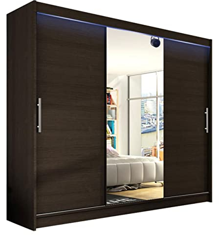 Mirjan24 Kleiderschrank Aston 250 mit Spiegel, Schwebetürenschrank, Schlafzimmerschrank, Schiebetürenschrank, Garderobe, Schlafzimmer (Choco, mit RGB LED Beleuchtung)
