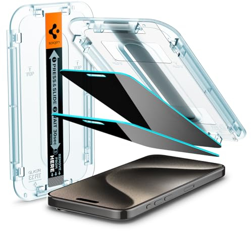 Spigen Glas.tR EZ Fit Filtro Privacidad Protector Pantalla para iPhone 15 Pro Max, 2 Unidades, Antiespía, Instalación Fácil, Compatible con Funda, Dureza 9H