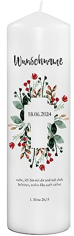 PhotoFancy® - Personalisierte Taufkerze mit eigenem Namen und Foto bedrucken lassen - Tauf-Kerze selbst gestalten - 29 cm Höhe - Design 'Feldblumen'