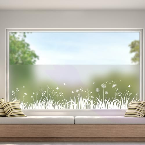 dktie Fensterfolie Blickdicht Sichtschutzfolie Fenster Milchglasfolie Gras, Löwenzahn Statische Aufkleber ohne Klebstoff Wiederverwendbar Geeignet für Wohnzimmer, Schlafzimmer, Küche 90x200cm