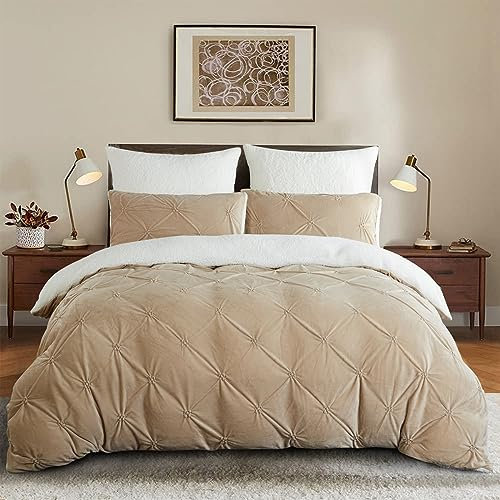 Lanqinglv Flanell Fleece Bettwäsche 135x200 4Teilig Beige Khaki Teddy Biber Winterbettwäsche Plüsch Cashmere Touch Flauschig Sherpa Pintuck Bettbezug mit Reißverschluss und 2 Kissenbezug 80x80cm