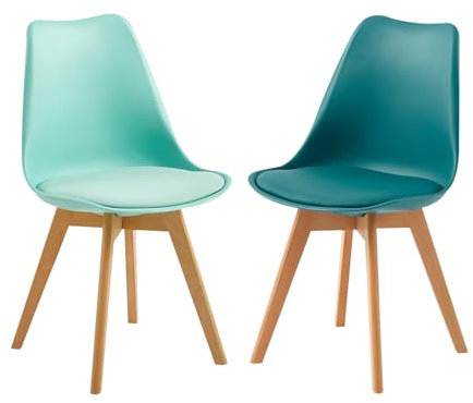H.J WeDoo 2er Set Esszimmerstühle,Skandinavisch Design Küchenstühle,mit Lederkissen und Beinen aus Massivem Buchenholz,Mintgrün + Türkis