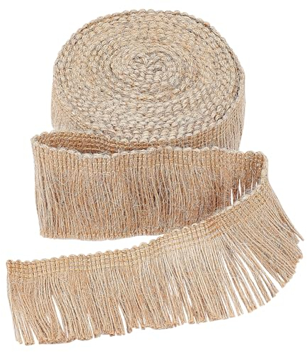 GORGECRAFT 5mX48mm en Toile de Jute avec Franges et Pompons en Dentelle de Jute,Chaînette à Coudre,Passementerie en Fibre,Cordon Plat en Jute,Corde de Chanvre,Brosse de Noël,Garniture de Base