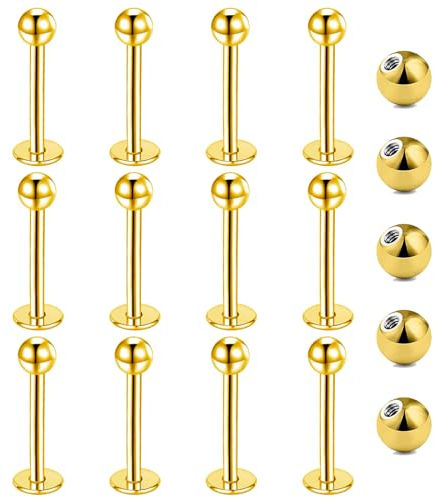 Gojewen 12er Lippenpiercing Stecker 1,2mm Chirurgenstahl Piercing Lippe Labret Helix Tragus Stud Gold 12mm