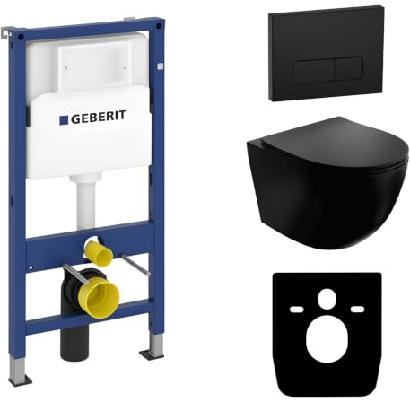 Lavita Duofix Basic Vorwandelement + Wand Tiefspül WC Sinto Schwarz Spülrandlos + WC Sitz + Bedienplatte Delta 25 Schwarzer Knopf Komplettset Unterputz Spülkasten Toilette Komplett Sett WC
