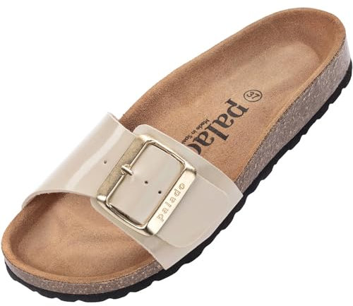Palado Pantoletten Damen Malta EGS Lack – bequeme Sandalen Made in Spain - Hausschuhe mit dämpfendem Kork-Fußbett - modische Sommerschuhe Beige/Schwarz UK9,5 - EU43