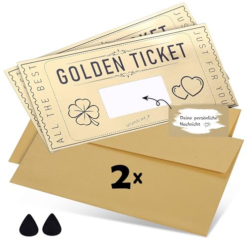 DasWas 2x Carte à gratter Ticket d'Or - Carte Cadeau à Remplir avec Autocollant à Gratter - Cartes Cadeaux et Billets à Faire Soi-Même - Cadeau Personnalisé Enveloppe Scintillante