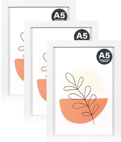KAIWIN Marco de fotos blanco A5/21 x 14,8 cm, juego de 3 unidades, marco de fotos con cristal acrílico para colgar y colocar de pie, vertical u horizontal