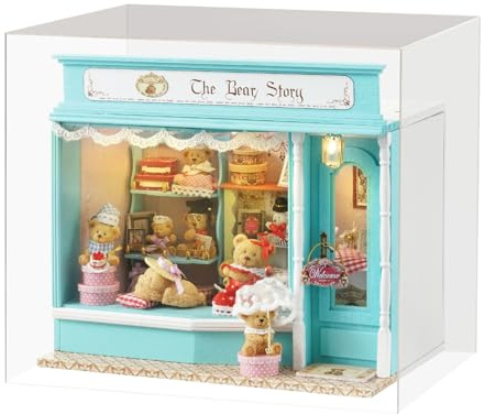 Spilay DIY Miniature House, Mini Handgefertigte Grünes Pflanzenstudio Kit Mit LED-Licht, Schutzhülle und Spieluhr, (The Bear Story - F-016)