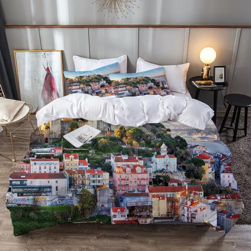CLZZC Bettwäsche-Sets,Burg Sao Jorge in Lissabon, Portugal,Bettbezug 135 x 200 cm3tlg mit 50x80 Kissenbezug,Bettwäsche Set Mikrofaser mit Reißverschluss,weich