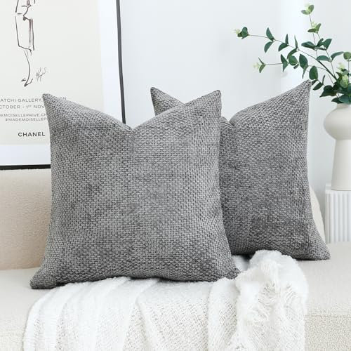 Stellhome Dekorative, gewebte, strukturierte Kissenbezüge, weicher Chenille, Akzente, Luxus-Kissenbezüge für Wohnzimmer, Couch, Bett, Sofa, Bauernhaus, Boho, Zuhause, 40,6 x 40,6 cm, Grau, 2 Stück