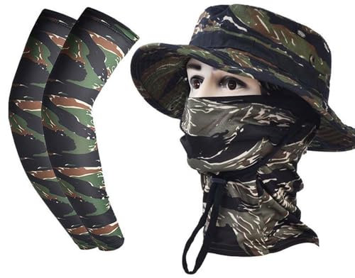 WUODHTW Fischerhut für Herren und Damen, Sturmhaube, Gesichtsmaske, Armstulpen, Skimaske, volle Ärmel, Fischerhut, Sonnenhut, Strandhut, Wandern, Grüner Tiger-Punkt, Einheitsgröße