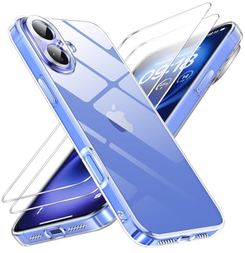 Phoona HandyHülle für iPhone 16 Hülle mit 2 Stück Panzerfolie,Dünne Weiche TPU Silikon Transparent Stoßfest Schutzhülle für iPhone 16 Hülle Klar Kratzfest